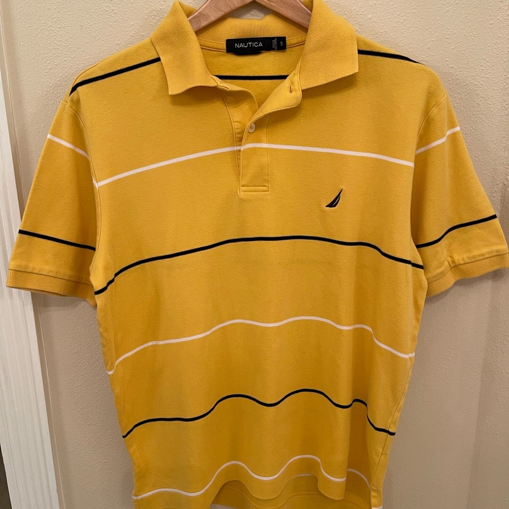 Men’s Nautica short sleeve polo style pullover shirt, size S, yellow